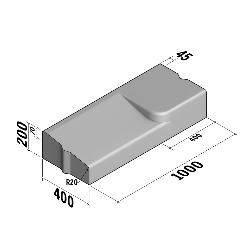 Entry Kerb 400 | 400x200 | L-1000 | Right | Bullnose | VB