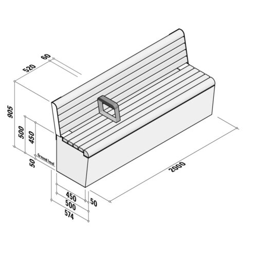 Solid | Straight | Seat slim back armrest | Stainless Steel | 60x210 | L270
